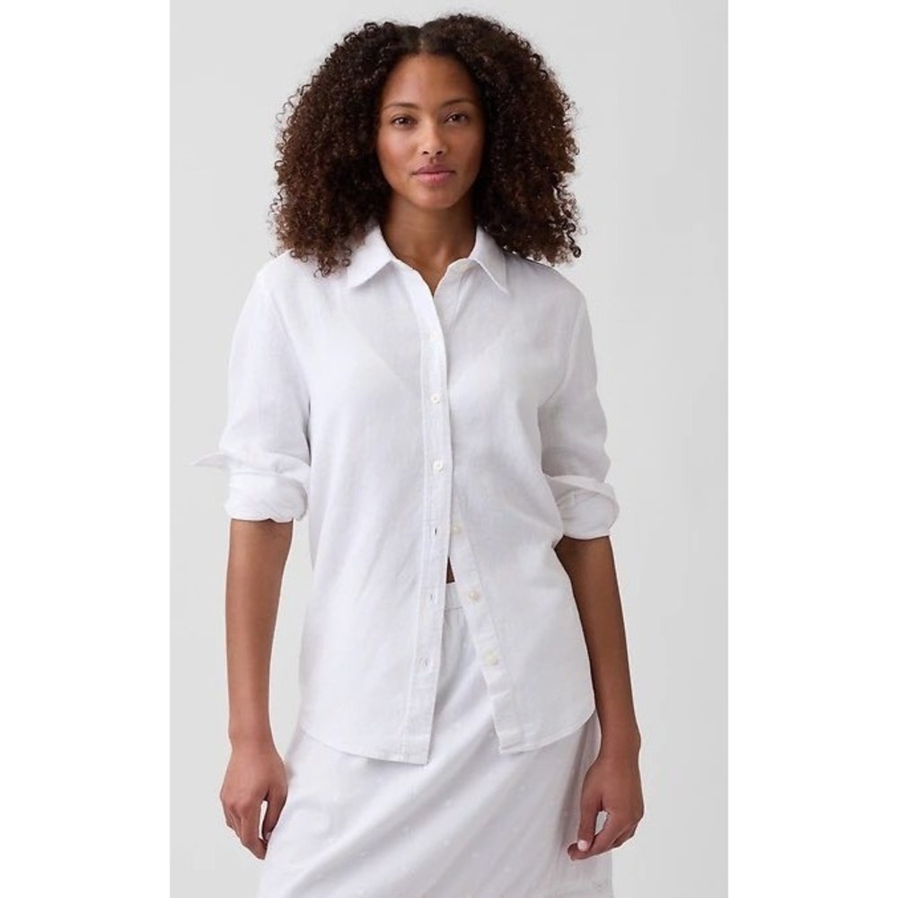 Gap The Easy Shirt Women Medium White Linen Cotton Button Down Long Sleeve